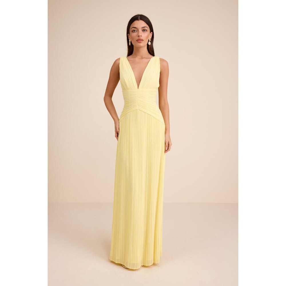 Lulus Kelina Light Yellow Pleated Drop Waist Maxi Dress - Size M